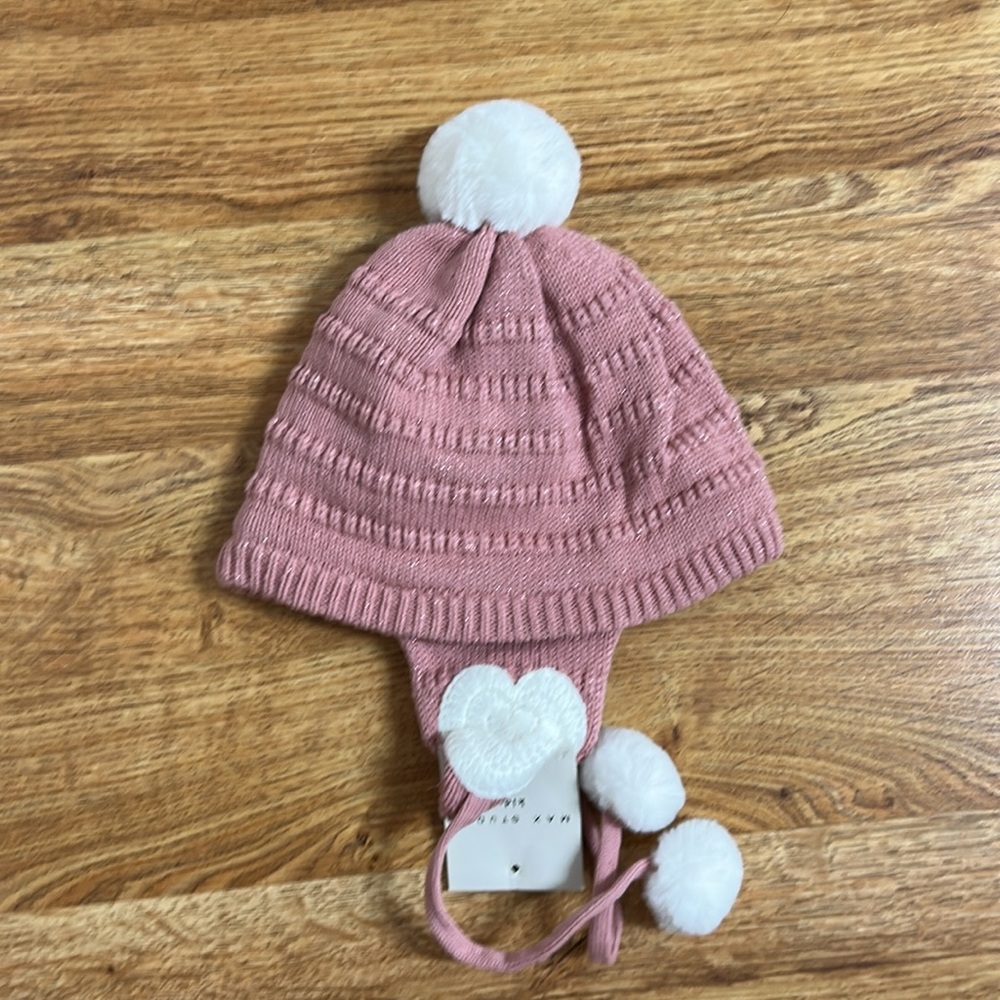 Max Studio Blush Knit Hat with White Pom-Poms - Picture 2 of 6